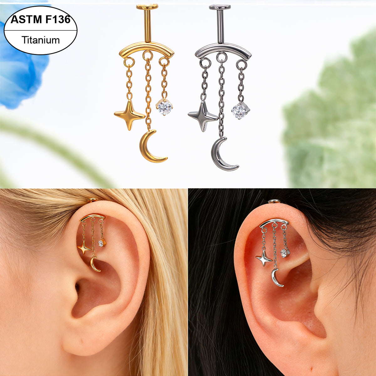 Titanium Chain Flat Back Labret | Star Moon Dangle Piercing | Lip or Flat Ear Jewelry 16G