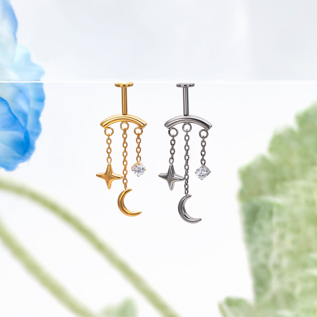 Titanium Chain Flat Back Labret | Star Moon Dangle Piercing | Lip or Flat Ear Jewelry 16G