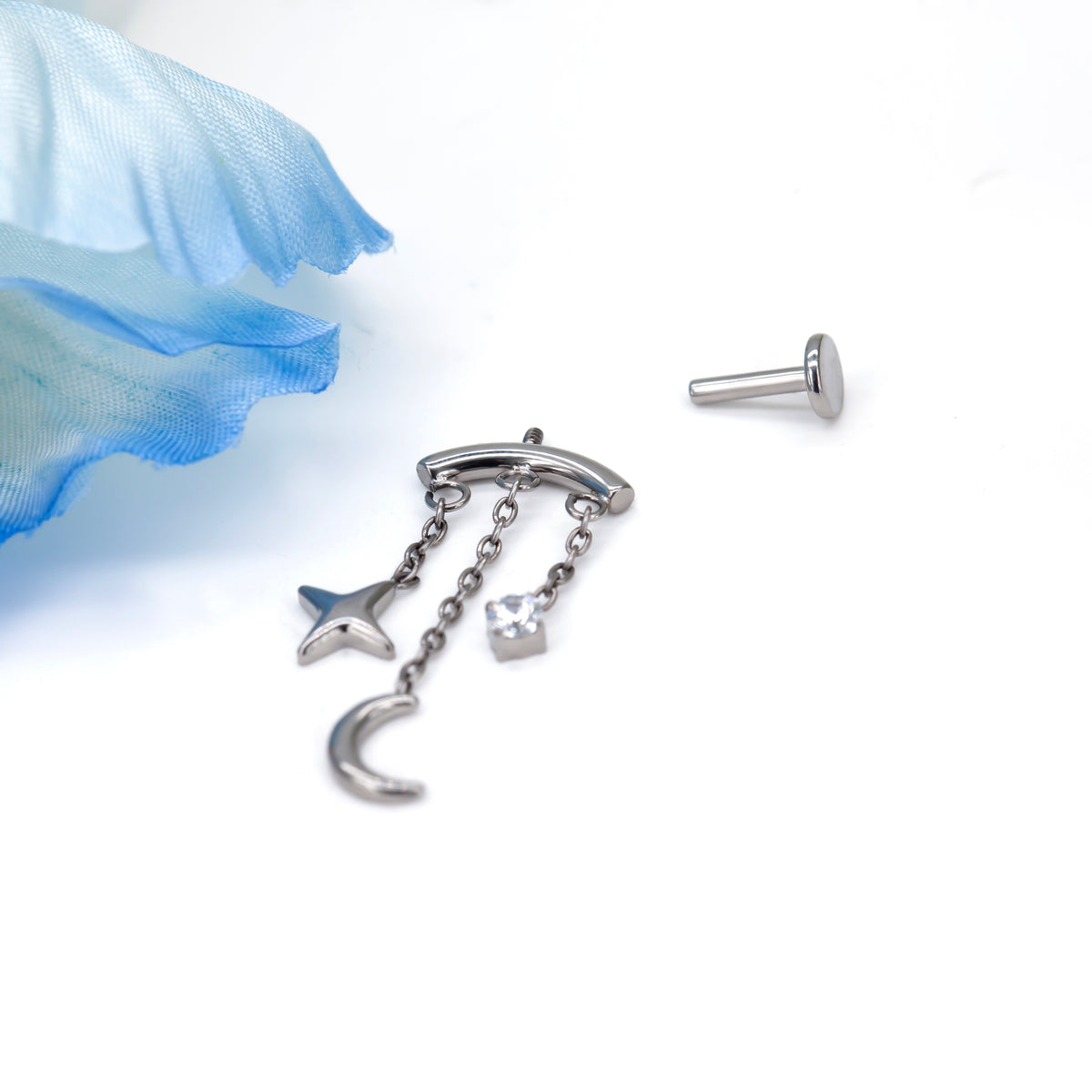 Titanium Chain Flat Back Labret | Star Moon Dangle Piercing | Lip or Flat Ear Jewelry 16G