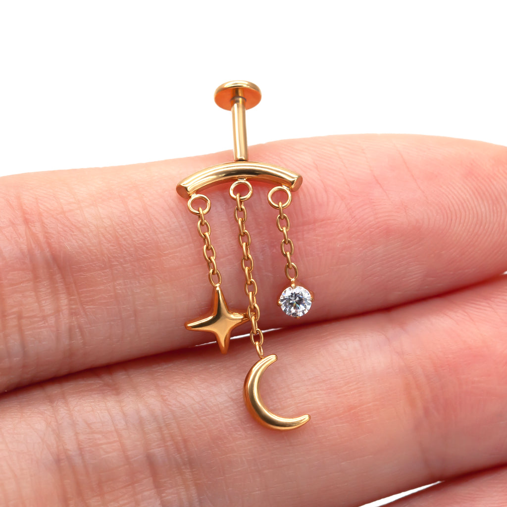 Titanium Chain Flat Back Labret | Star Moon Dangle Piercing | Lip or Flat Ear Jewelry 16G