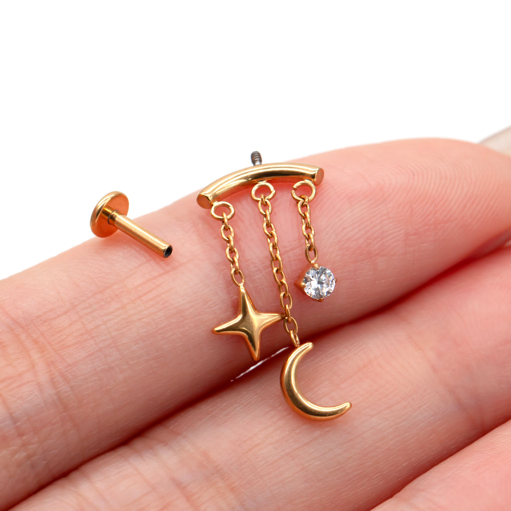 Titanium Chain Flat Back Labret | Star Moon Dangle Piercing | Lip or Flat Ear Jewelry 16G