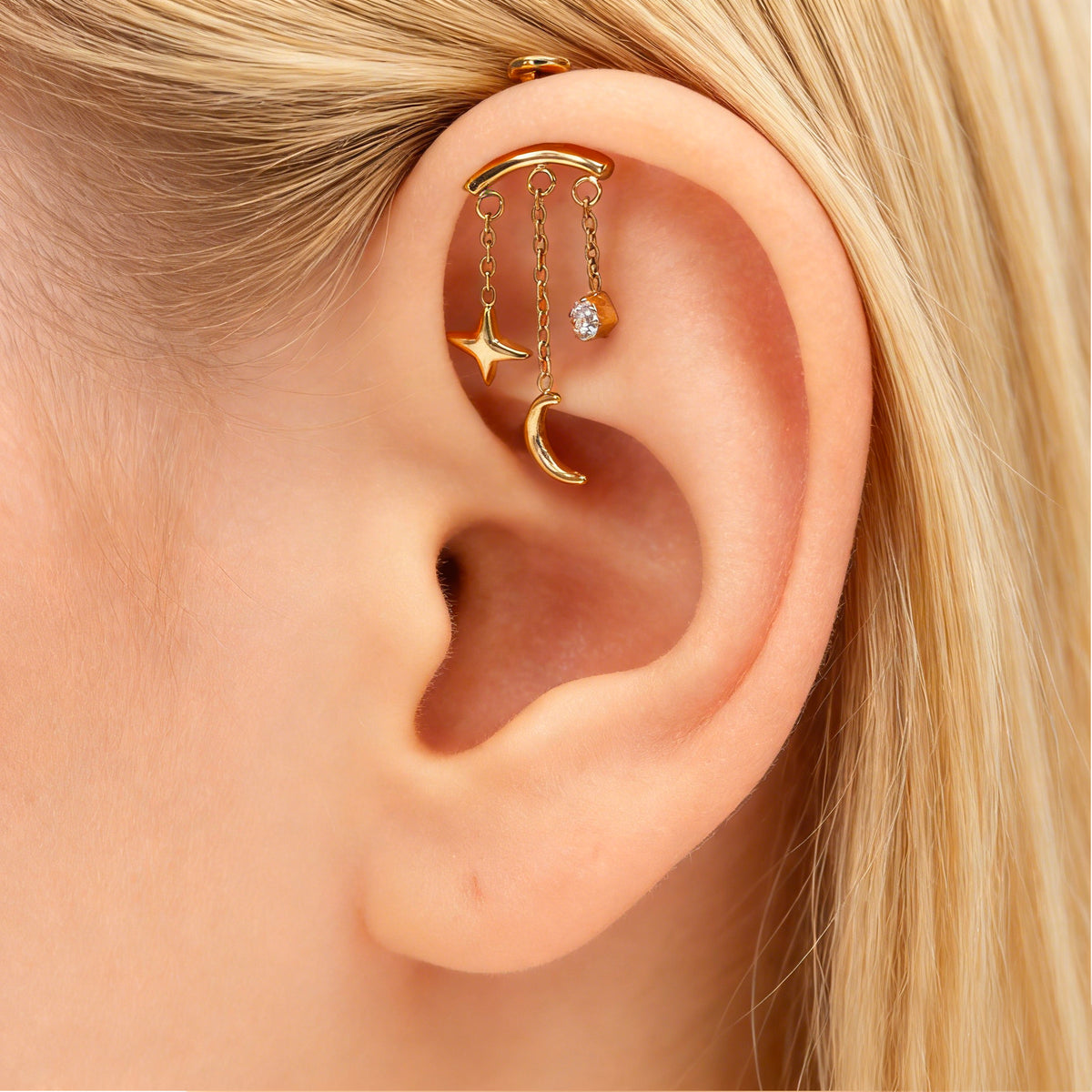 Titanium Chain Flat Back Labret | Star Moon Dangle Piercing | Lip or Flat Ear Jewelry 16G