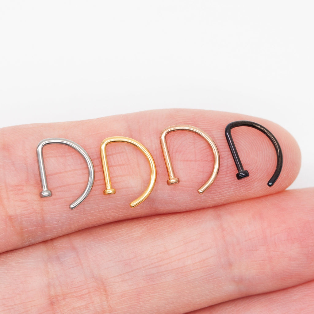 20ga, 18ga G23 Implant Grade Titanium Open D Shape Nose Ring, Flat End Round Nostril Hoop, gold, silver, rose gold, black