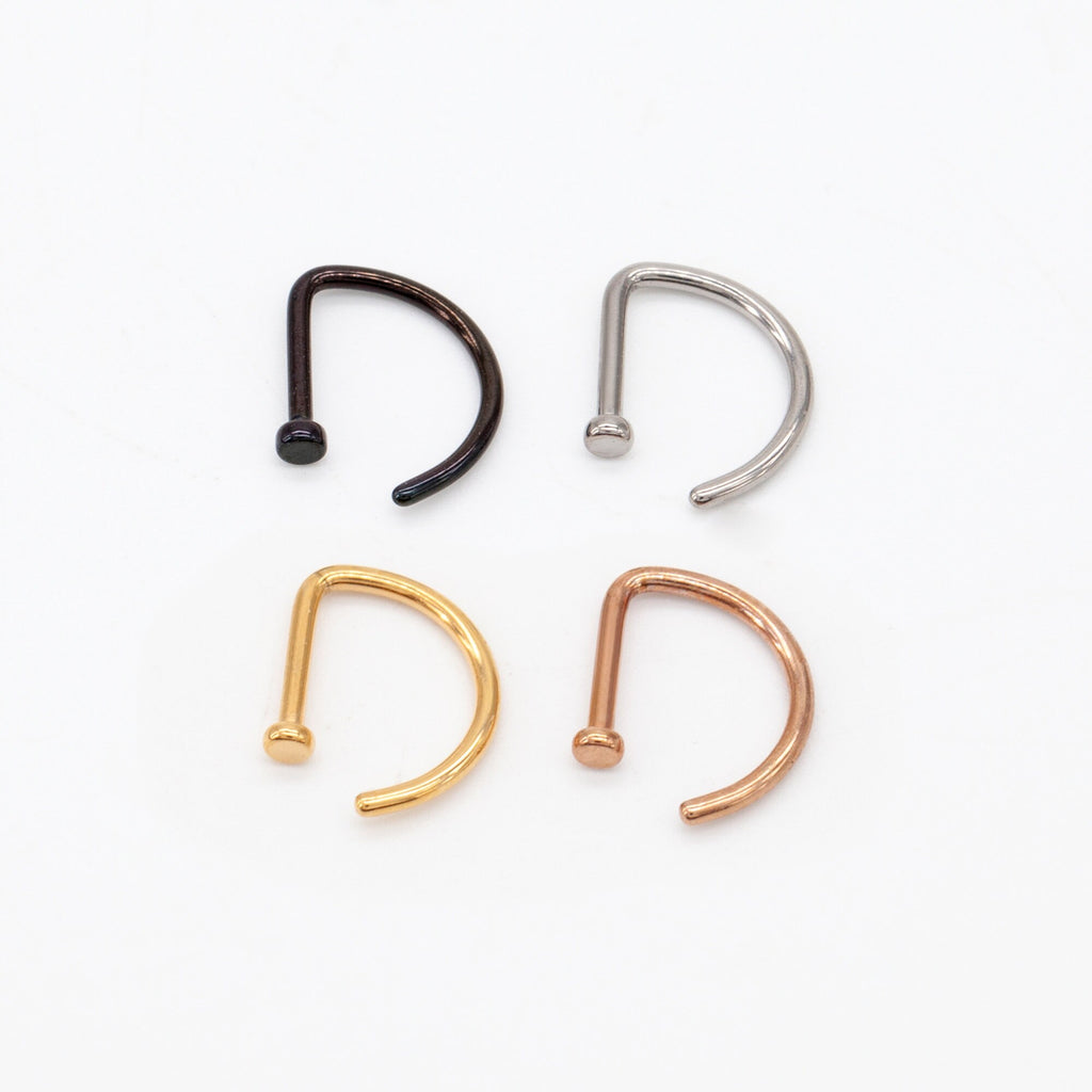 20ga, 18ga G23 Implant Grade Titanium Open D Shape Nose Ring, Flat End Round Nostril Hoop, gold, silver, rose gold, black