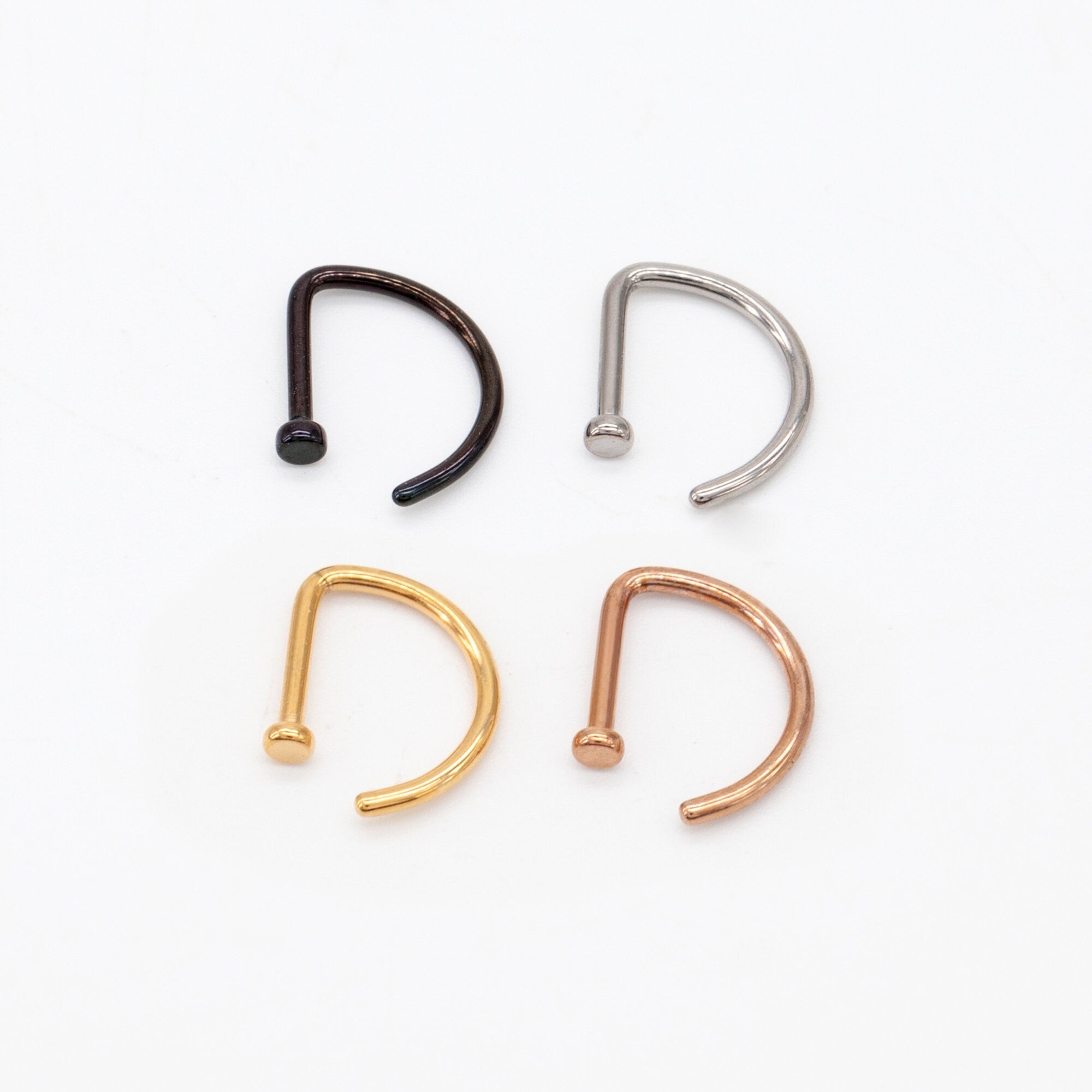 20ga, 18ga G23 Implant Grade Titanium Open D Shape Nose Ring, Flat End Round Nostril Hoop, gold, silver, rose gold, black
