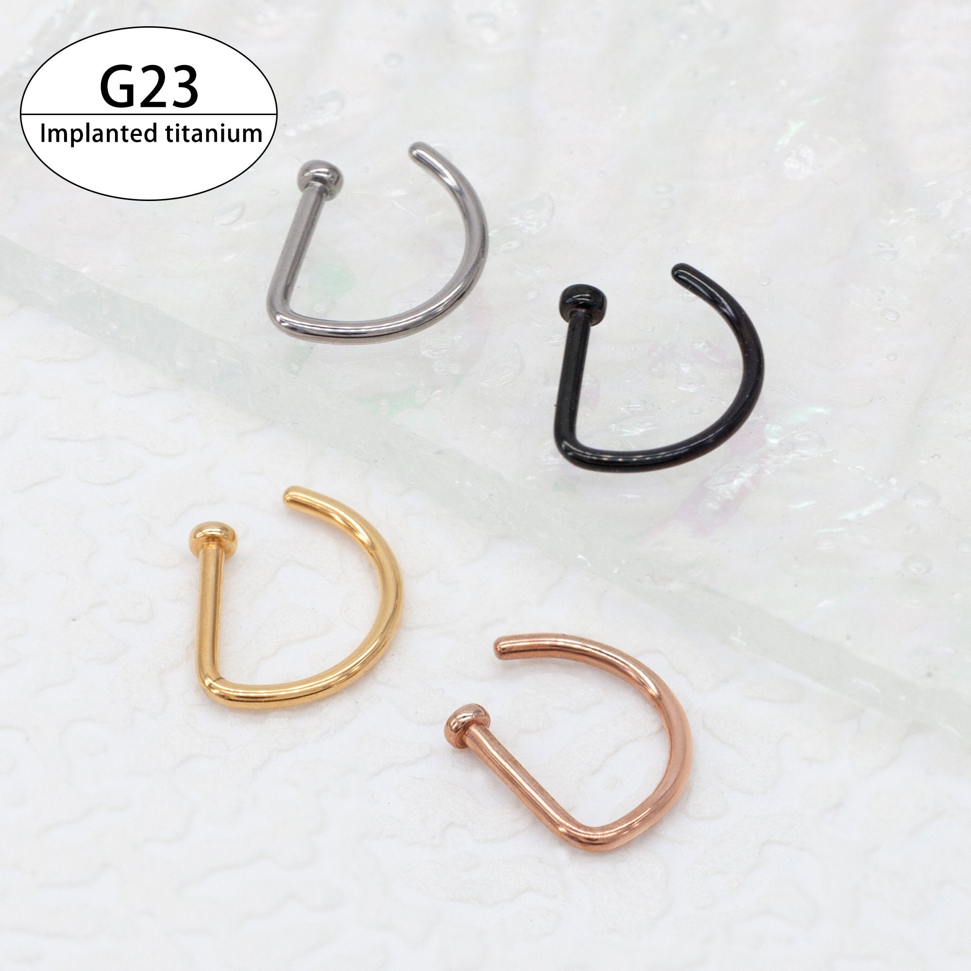 20ga, 18ga G23 Implant Grade Titanium Open D Shape Nose Ring, Flat End Round Nostril Hoop, gold, silver, rose gold, black