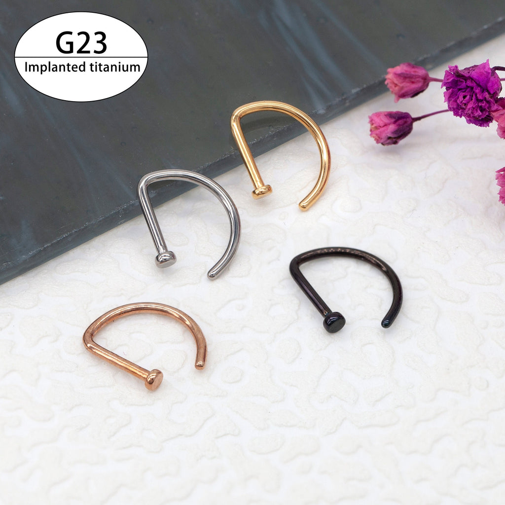 20ga, 18ga G23 Implant Grade Titanium Open D Shape Nose Ring, Flat End Round Nostril Hoop, gold, silver, rose gold, black
