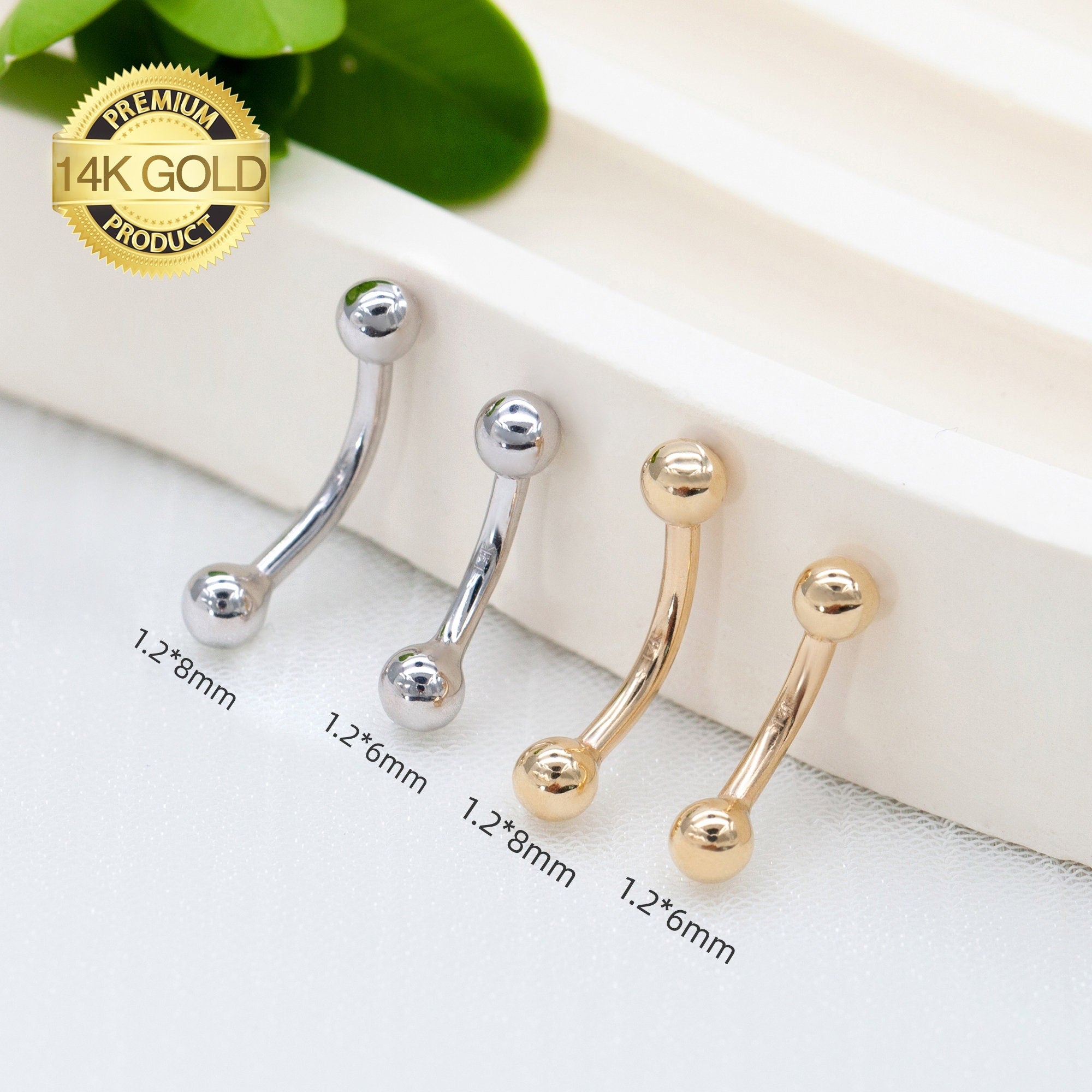 14K REAL Solid Gold Curved Barbell Earring Eyebrow Daith Helix Tragus Cartilage Conch Rook Vertical Lip Body Piercing Jewelry 16G(1.2mm)