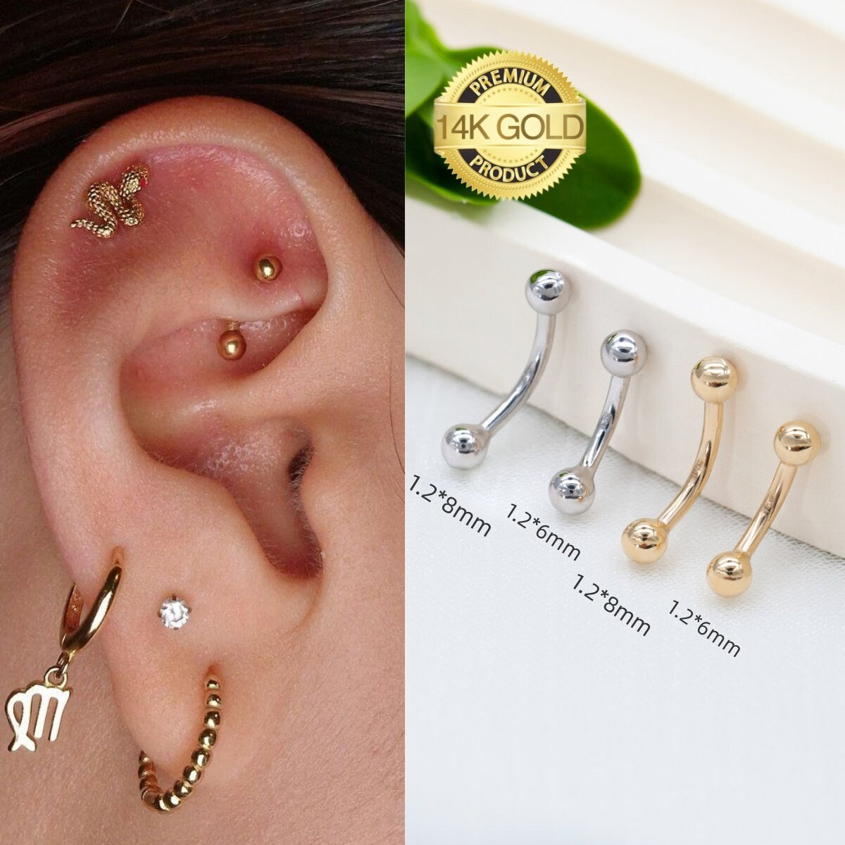 14K REAL Solid Gold Curved Barbell Earring Eyebrow Daith Helix Tragus Cartilage Conch Rook Vertical Lip Body Piercing Jewelry 16G(1.2mm)