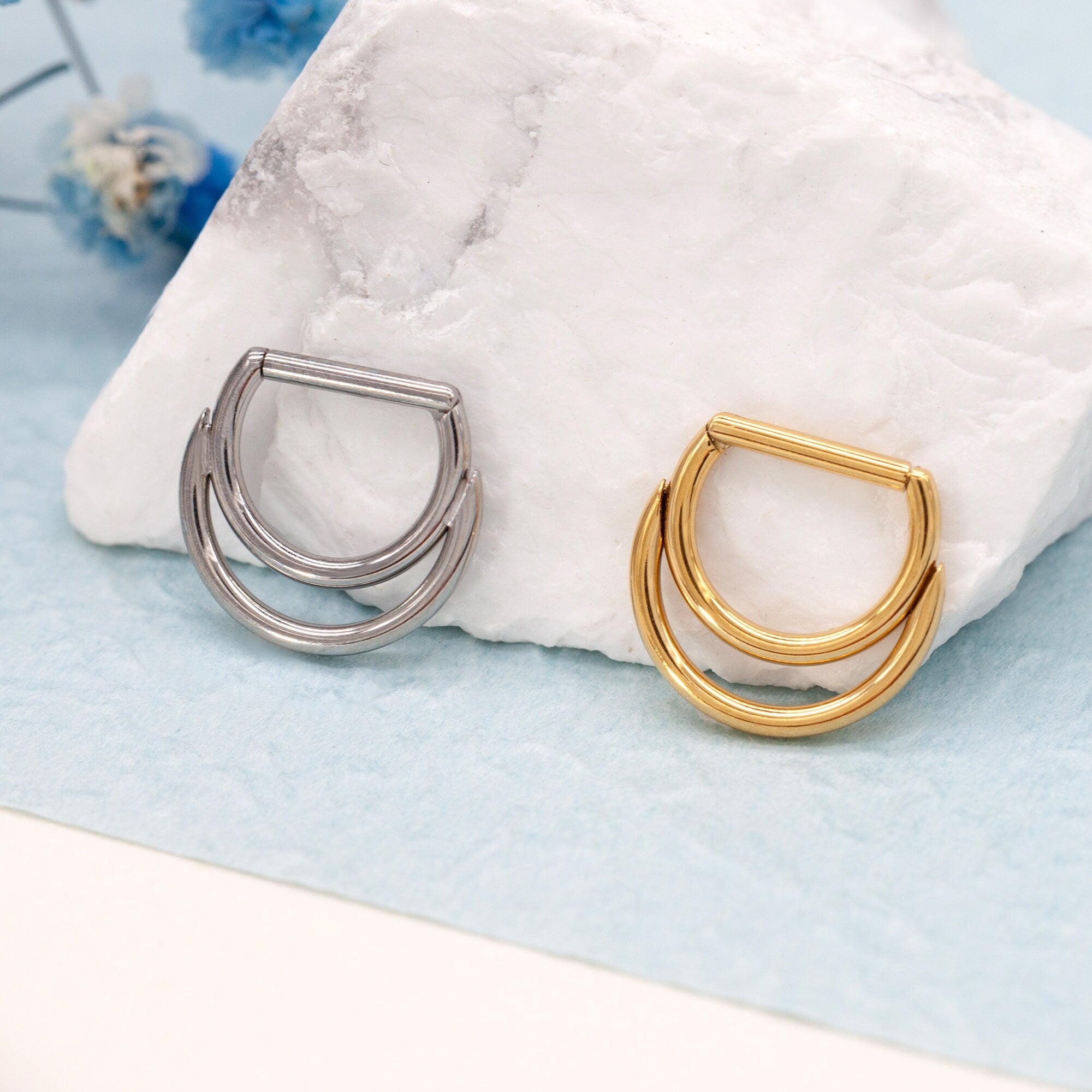 16G Implanted F136 Titanium Double Hoop Septum Ring/ Layered Septum Clicker/ Stacked Daith Earring/ Septum Hoop Silver Gold/Cartilage hoops