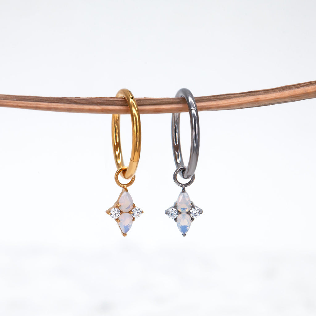 Implant Titanium Claw Setting Teardrop Opalite Dangle Hoop Earrings •Tiny Clicker helix hoop • Dainty Drop Daith Piercing •Rook Earring