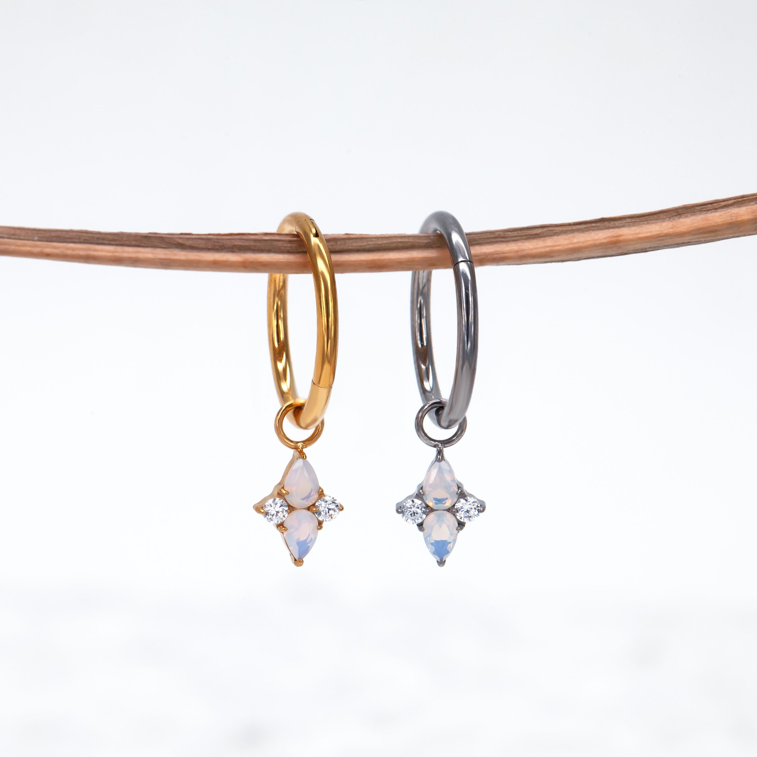 Implant Titanium Claw Setting Teardrop Opalite Dangle Hoop Earrings •Tiny Clicker helix hoop • Dainty Drop Daith Piercing •Rook Earring