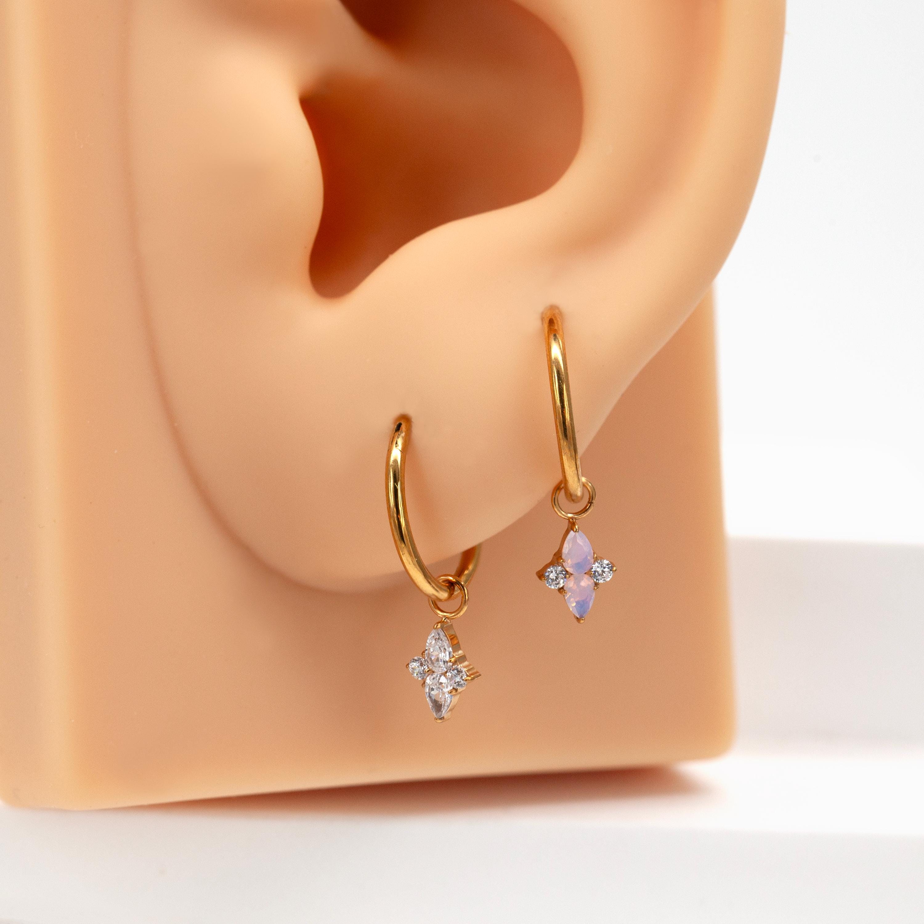 Implant Titanium Claw Setting Teardrop Opalite Dangle Hoop Earrings •Tiny Clicker helix hoop • Dainty Drop Daith Piercing •Rook Earring