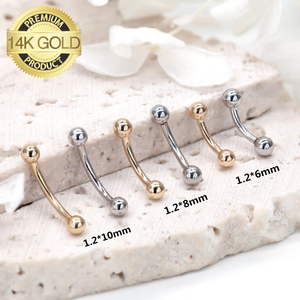 14K REAL Solid Gold Curved Barbell Earring Eyebrow Daith Helix Tragus Cartilage Conch Rook Vertical Lip Body Piercing Jewelry 16G(1.2mm)