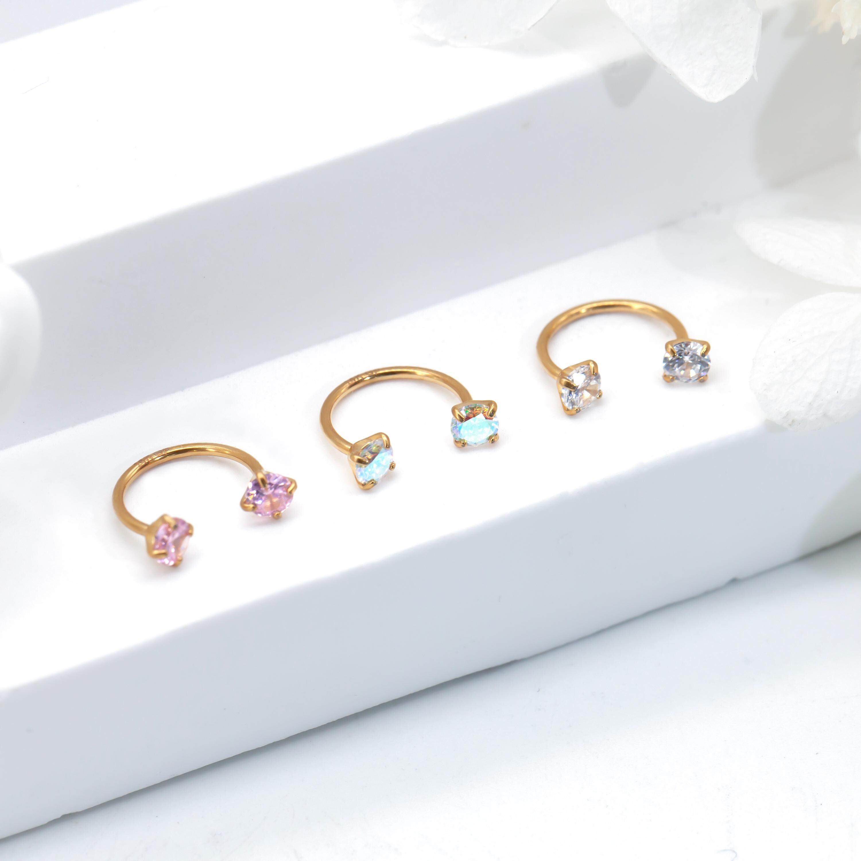 20G 18G 16G Stainless Steel Internal Threaded Double Gem Horseshoe Nose Ring/Nostril Hoop/Helix/Daith/Conch Earring/Tragus/Septum Ring