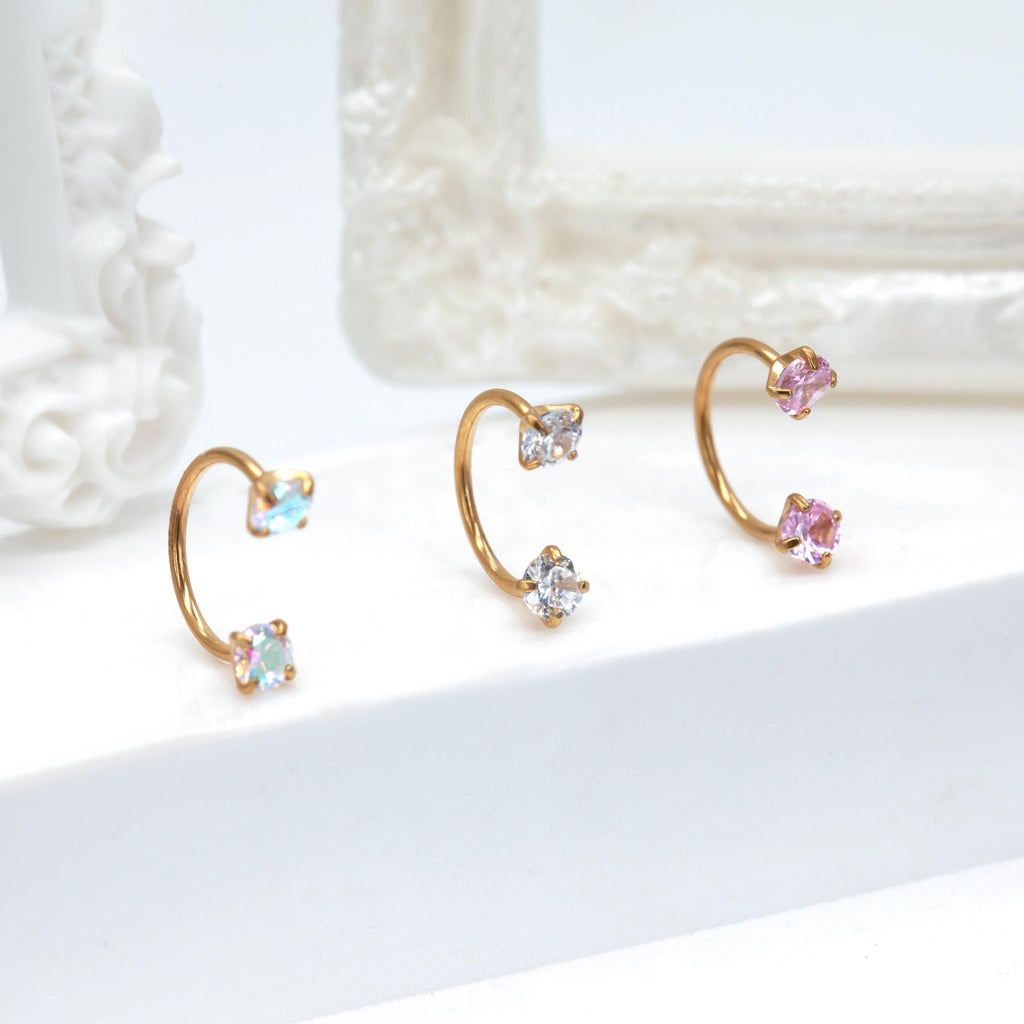 20G 18G 16G Stainless Steel Internal Threaded Double Gem Horseshoe Nose Ring/Nostril Hoop/Helix/Daith/Conch Earring/Tragus/Septum Ring