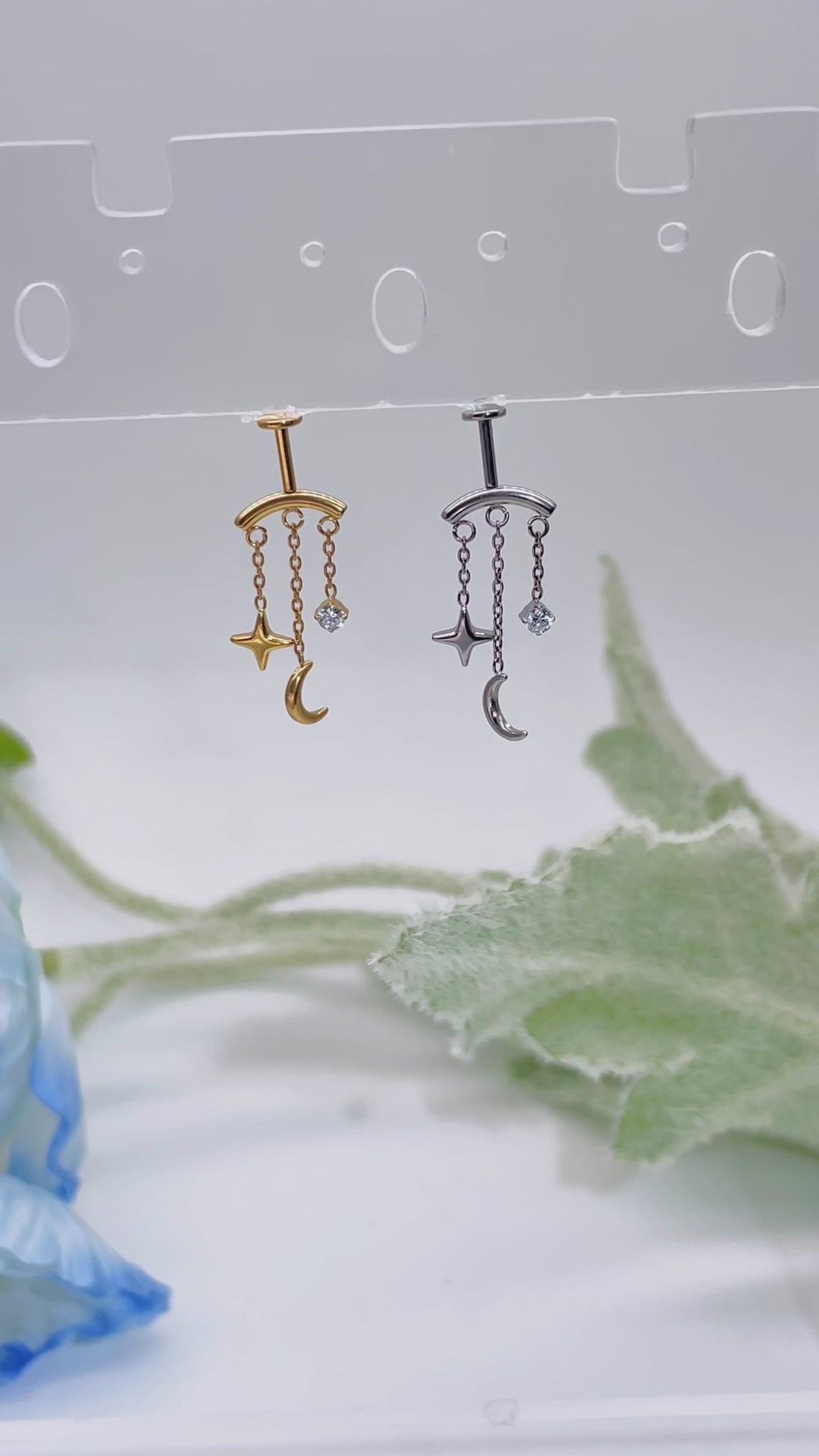 Titanium Chain Flat Back Labret | Star Moon Dangle Piercing | Lip or Flat Ear Jewelry 16G